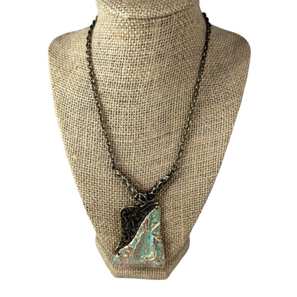 Green & Bronze Pendant Necklace Textured Metal Design on Chain 18 Inches Long